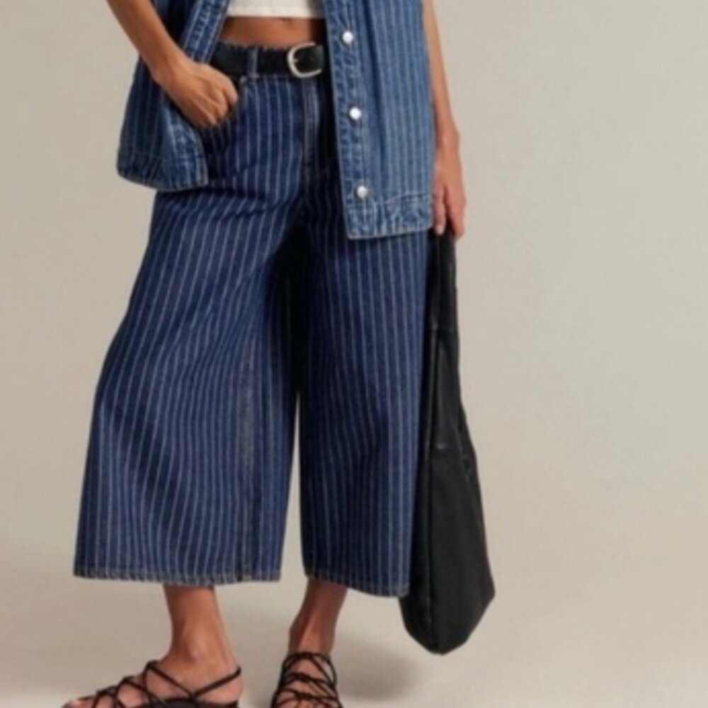 Free People Navy Pinstripe Cropped Wide-Leg Jeans